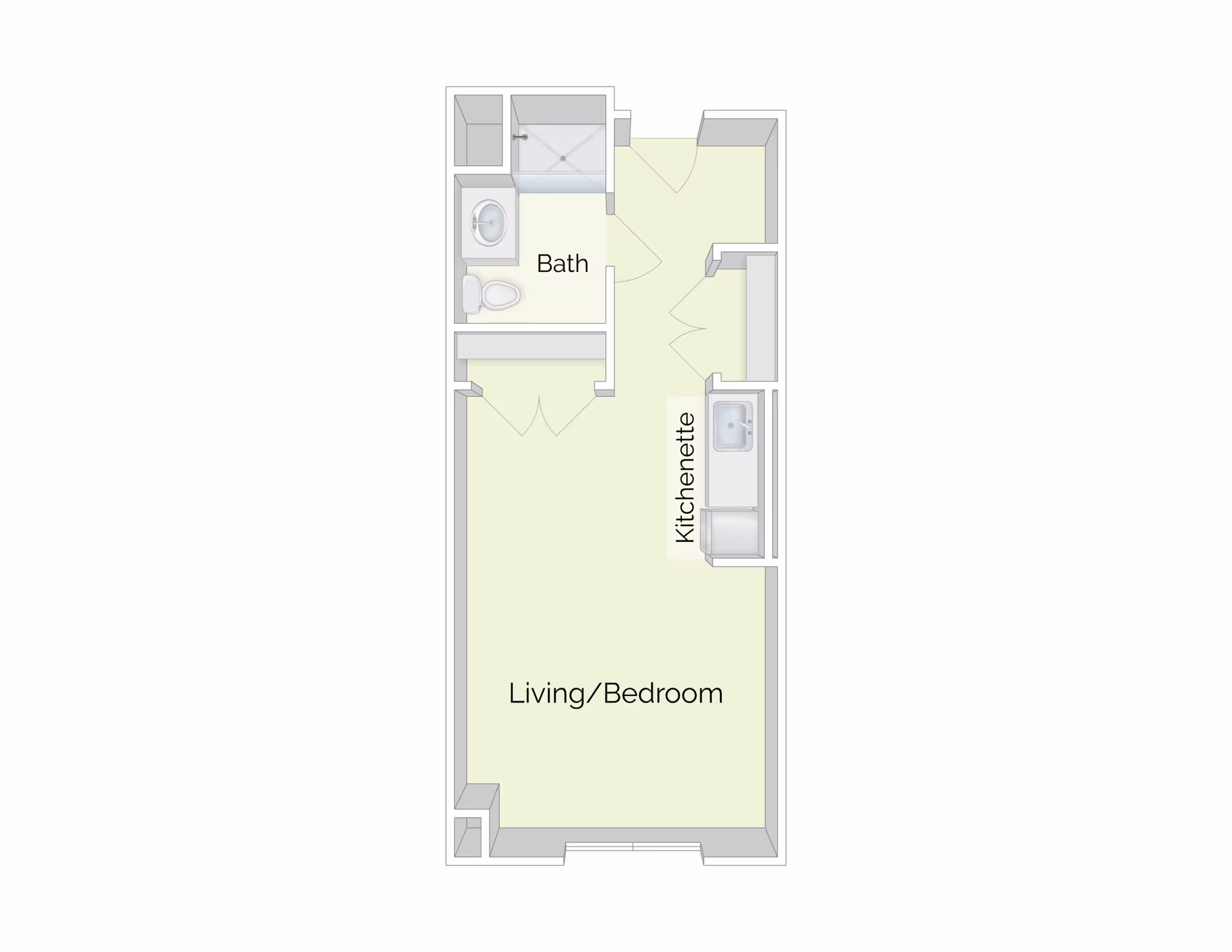 Top-down floor plan of a studio apartment with a combined living/bedroom, kitchenette, and bathroom.