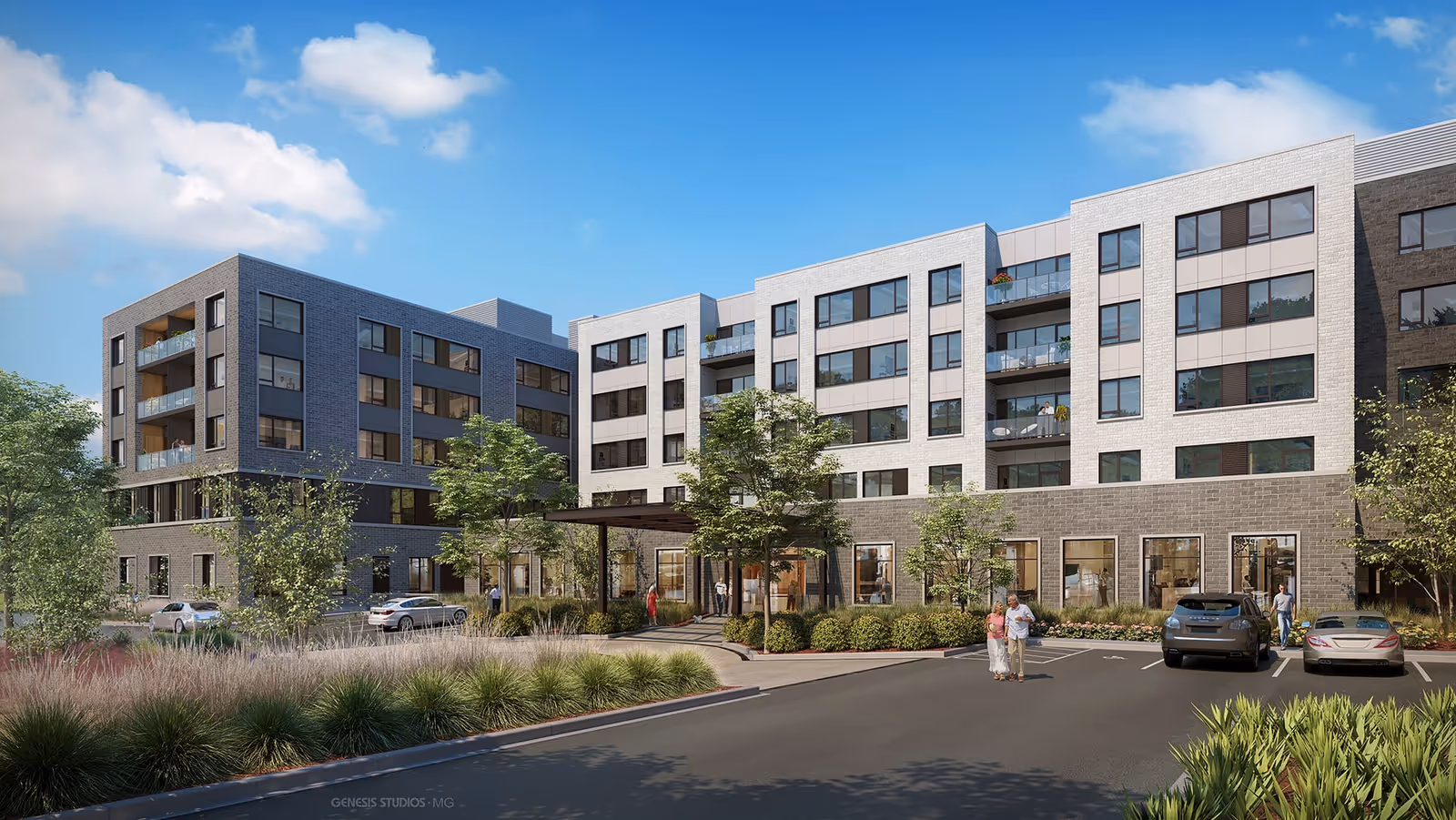 Modern multi-story senior living building with a covered entrance, landscaping, parked cars and people under a blue sky.