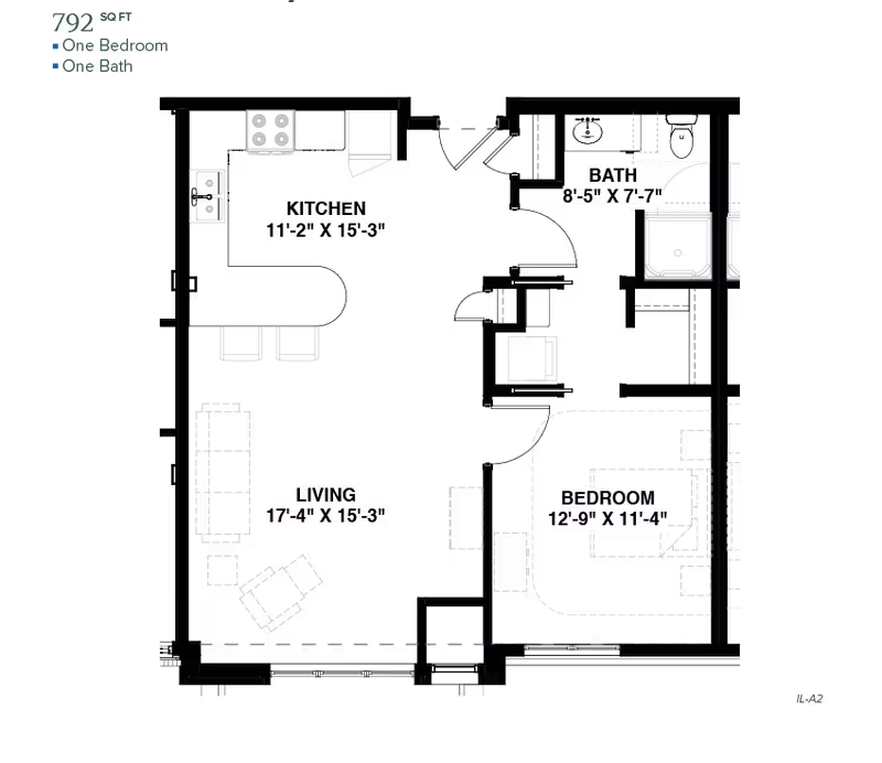 Floor plan of a one-bedroom, one-bath apartment with labeled areas including kitchen, living room, bedroom, and bathroom along with their dimensions.