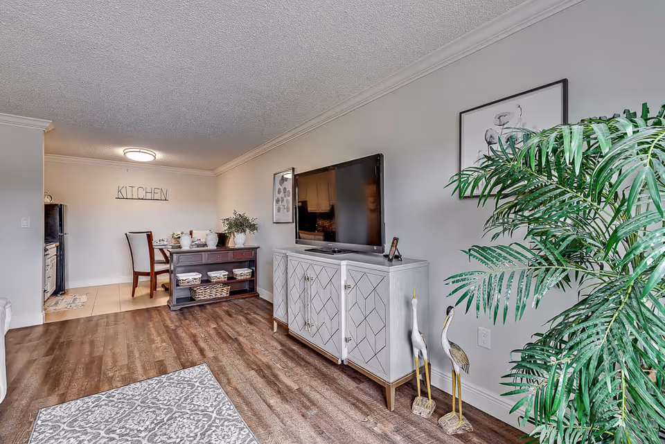 Interior view of a senior living facility showing a living room area with a TV on a cabinet, decorative plants, and a dining area in the background with a table and chairs. The wall in the dining area has a sign that says 'KITCHEN'.