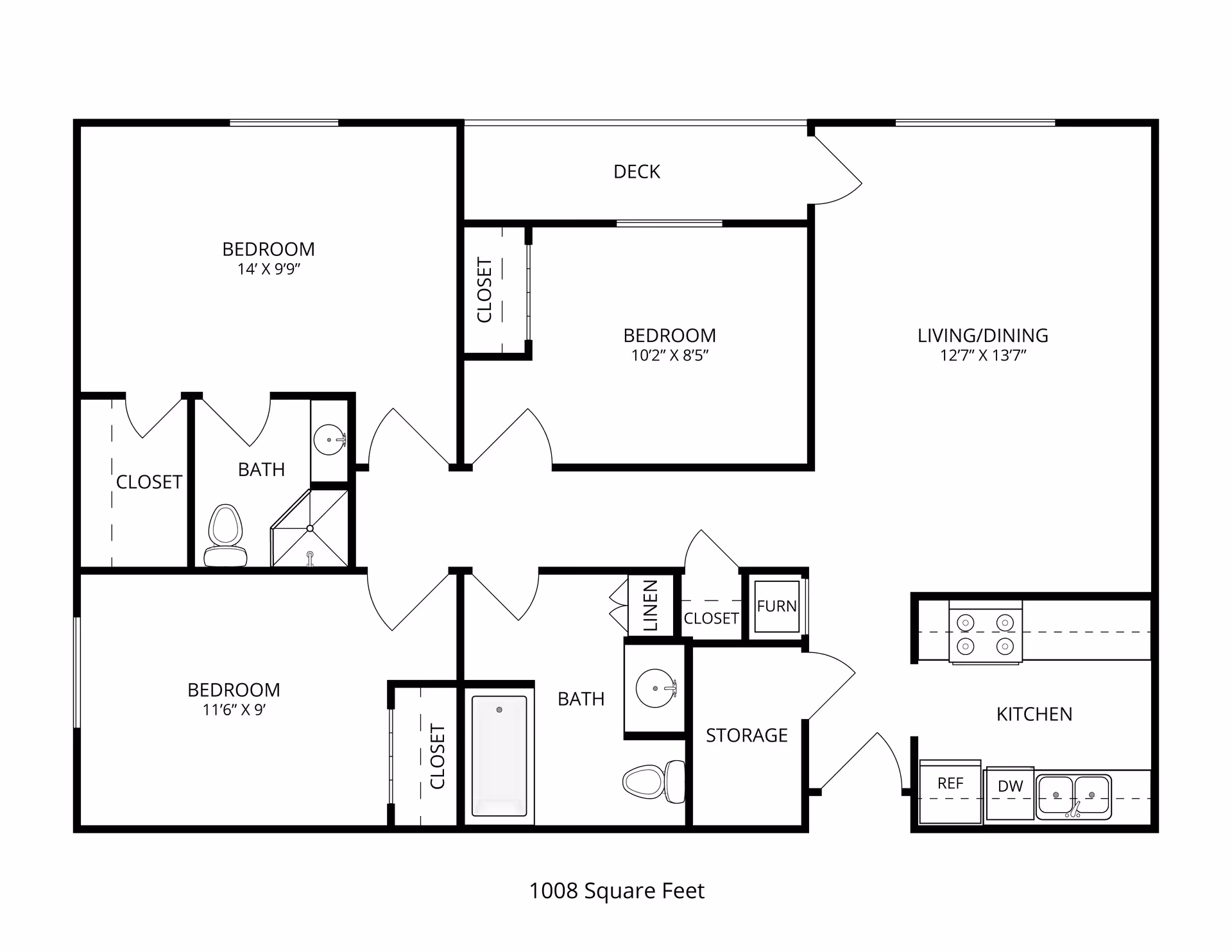 Black-and-white floor plan labeled 1008 Square Feet showing three bedrooms, two bathrooms, a living/dining area, kitchen, deck, storage, and multiple closets.