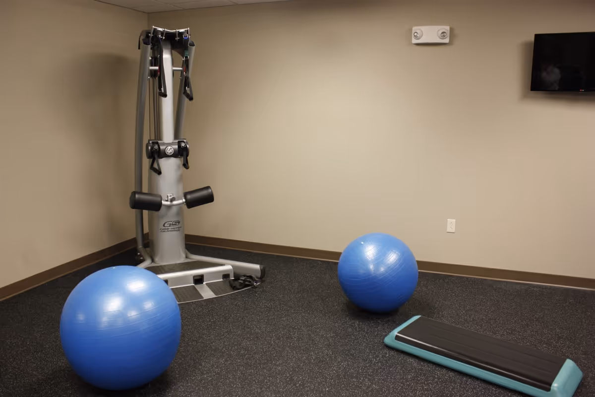 A small exercise room with two blue exercise balls, a step platform, and a cable resistance machine against a beige wall. A flat-screen TV is mounted on the wall.