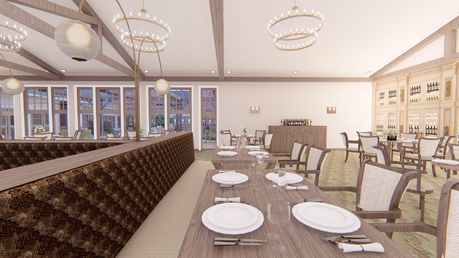 Bright dining room with multiple set tables, upholstered banquettes and chairs, chandeliers, and a serving bar cabinet.
