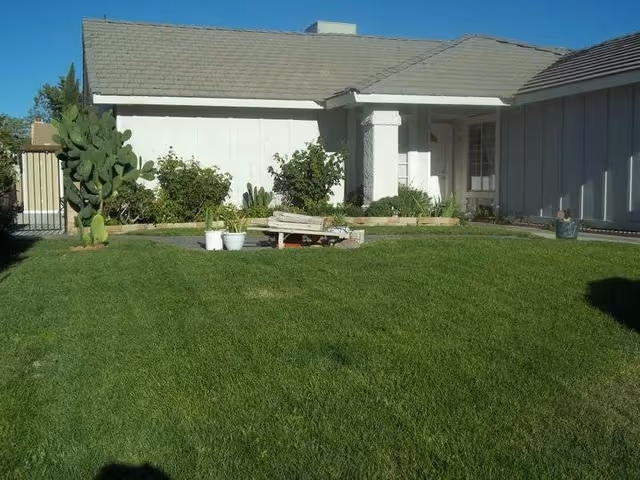 A single-story house with a gray roof and white exterior walls, surrounded by a well-maintained green lawn. There are several plants and bushes near the house, including a large cactus on the left side. A small wooden bench and some potted plants are placed on a paved area in front of the house. The sky is clear and blue.