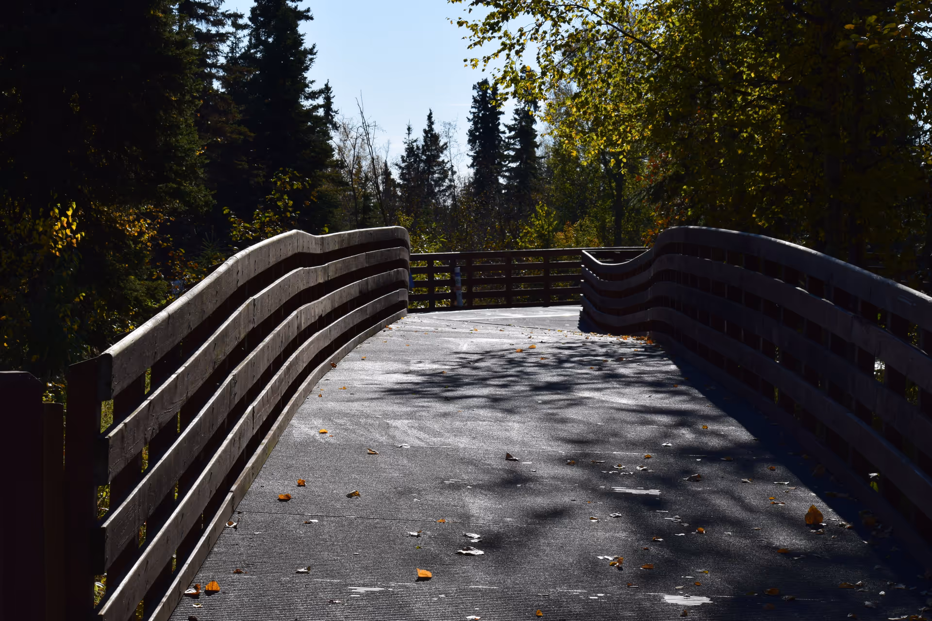 A wooden pedestrian bridge with railings on both sides surrounded by trees with green and yellow leaves under a clear sky.