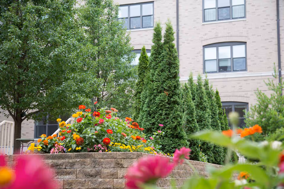 Raised flower bed with colorful blooms and evergreen shrubs in a landscaped courtyard in front of a brick building.