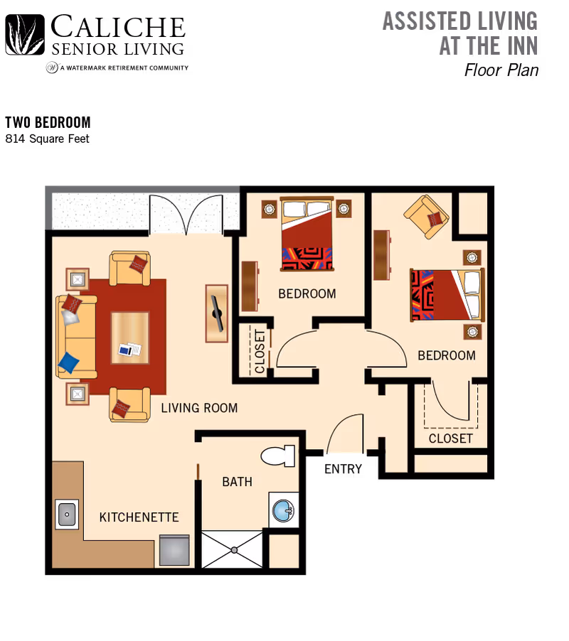 Top-down floor plan of a two-bedroom assisted living apartment with a living room, kitchenette, bath, closets and furniture.