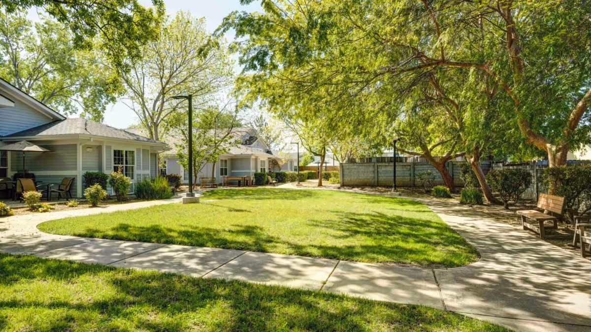 A sunny outdoor courtyard area at Ivy Park at Laguna Creek featuring a green lawn surrounded by a curved concrete walkway. There are several benches along the walkway and mature trees providing shade. Single-story residential buildings with patios and outdoor seating are visible in the background.
