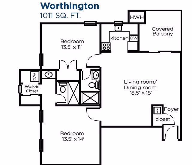 Floor plan of Worthington apartment with 1011 square feet, featuring two bedrooms, two bathrooms, a kitchen, living room/dining room, covered balcony, walk-in closet, foyer, and closets.