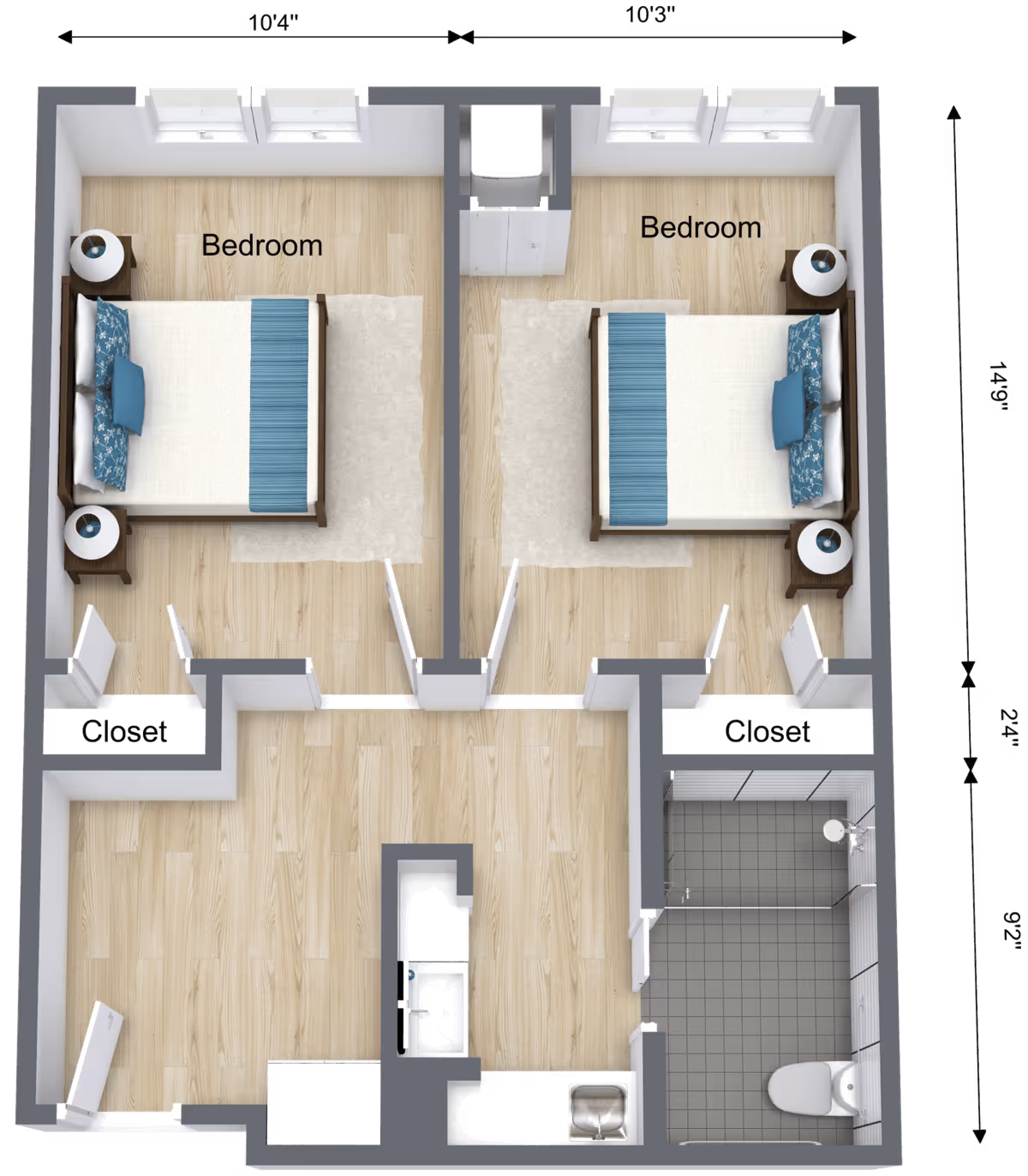 Top-down rendered floor plan showing two furnished bedrooms at the top, closets, a central living/kitchen area, and a bathroom at the lower right.