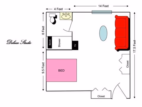 Floor plan diagram of a deluxe studio showing a bed, bathroom (toilet, sink, shower), bench/TV area, sofa, closets, and room dimensions.