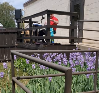 A person in a red shirt standing on a wooden ramp attached to a beige building. The ramp has metal railings and overlooks a garden bed filled with blooming purple flowers. There is a wooden fence and some greenery in the background.