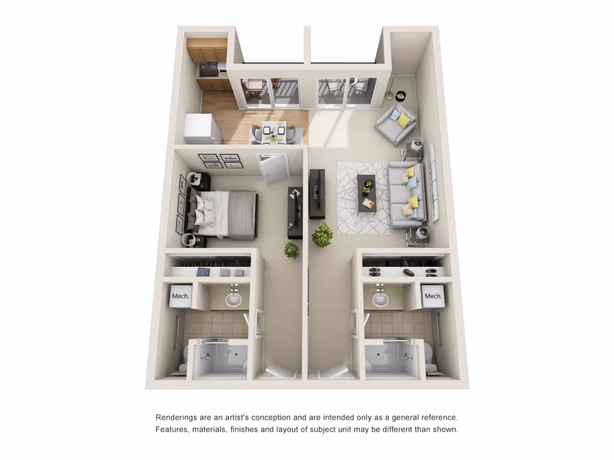 3D floor plan of a one-bedroom apartment featuring a bedroom with a bed and nightstands, a bathroom with a shower, a kitchen area with appliances and a dining table, and a living room with a sofa, armchair, coffee table, and TV. The apartment has two mechanical closets and a balcony accessible from the living room.