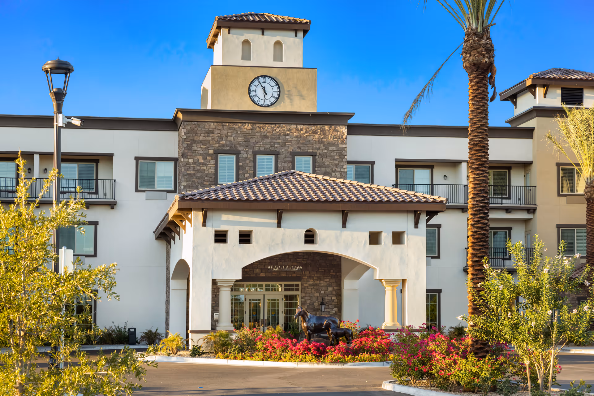 Front exterior view of The Park at Modesto Independent Living Community building with a clock tower, stone and stucco facade, palm trees, and landscaped flower beds with horse statues near the entrance.