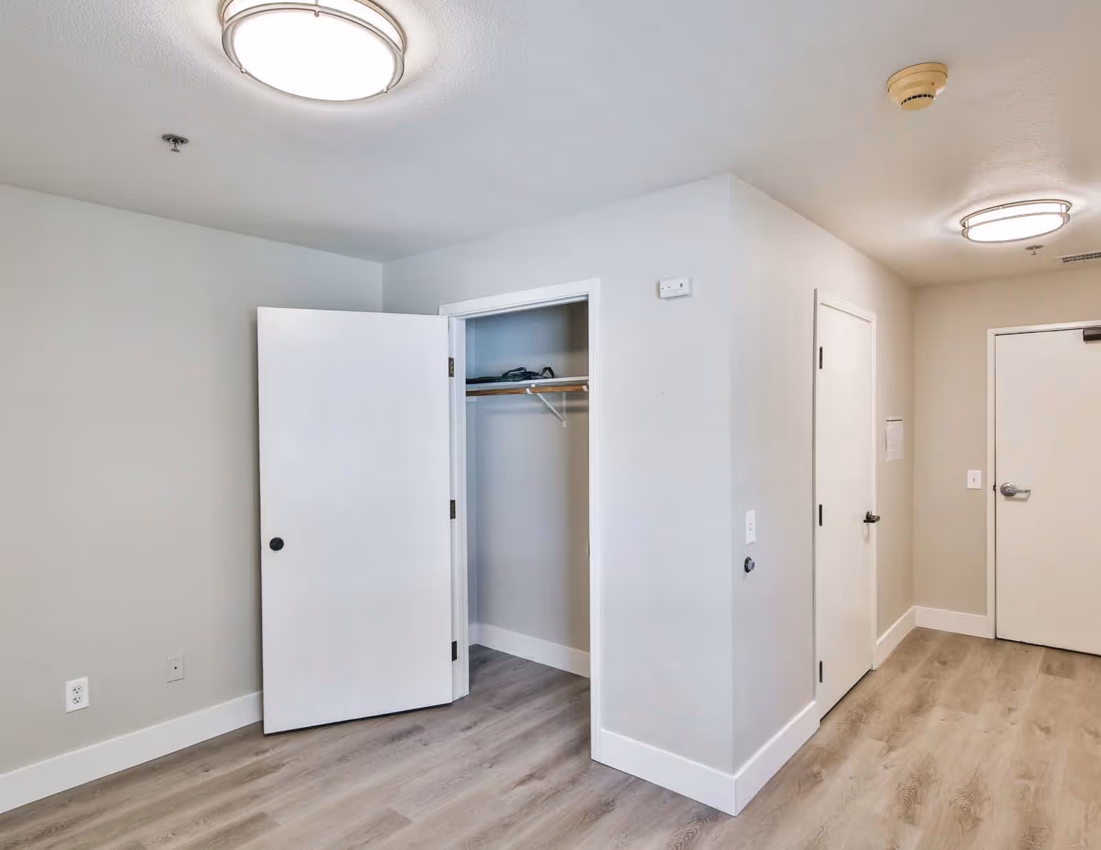 An empty room with light gray walls and wood flooring featuring an open closet with a white door, two closed white doors, and ceiling lights.