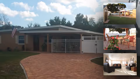 Single-story assisted living building front with a brick driveway, gated carport and an American flag, with three small inset photos showing outdoor seating and an interior living area.