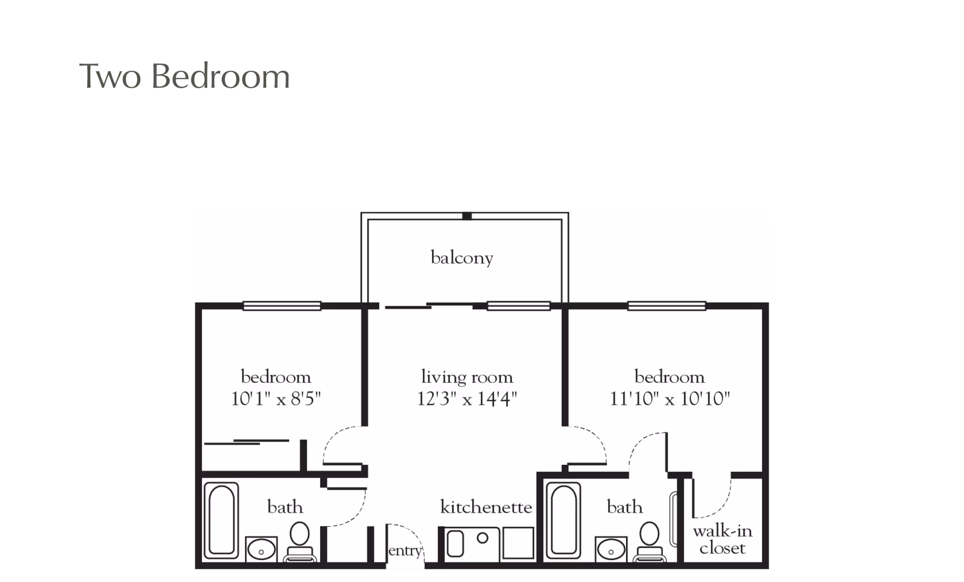 Floor plan of a two-bedroom apartment featuring a living room with balcony, kitchenette, two bathrooms, and a walk-in closet in one bedroom.