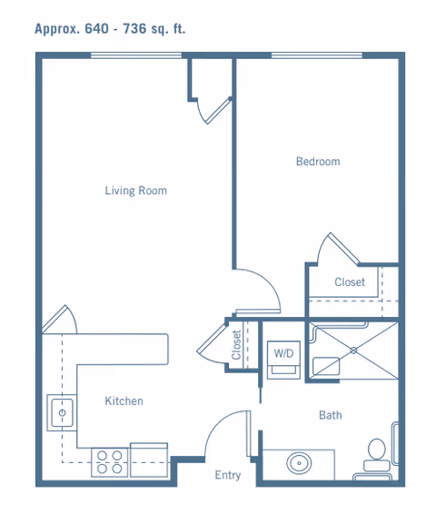 Floor plan of a one-bedroom apartment approximately 640 to 736 square feet, showing a living room, kitchen, bedroom with closet, bathroom with bathtub and toilet, entry area, and washer/dryer closet.