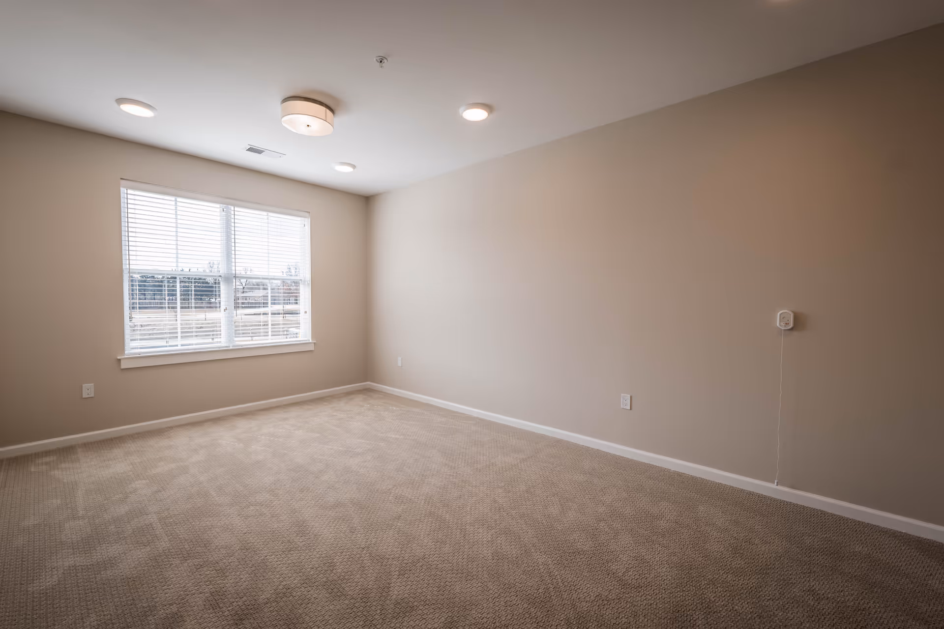 Empty room with beige carpet and walls, a large window with white blinds letting in natural light, and ceiling lights including a central fixture and recessed lights.