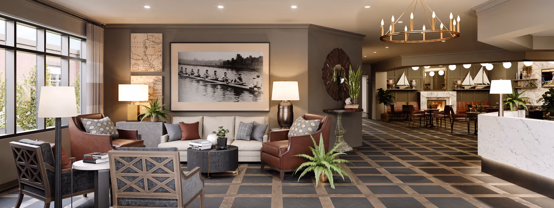 Well-appointed senior living community lounge with sofas, armchairs, coffee tables, plants, and a reception area under decorative lighting.