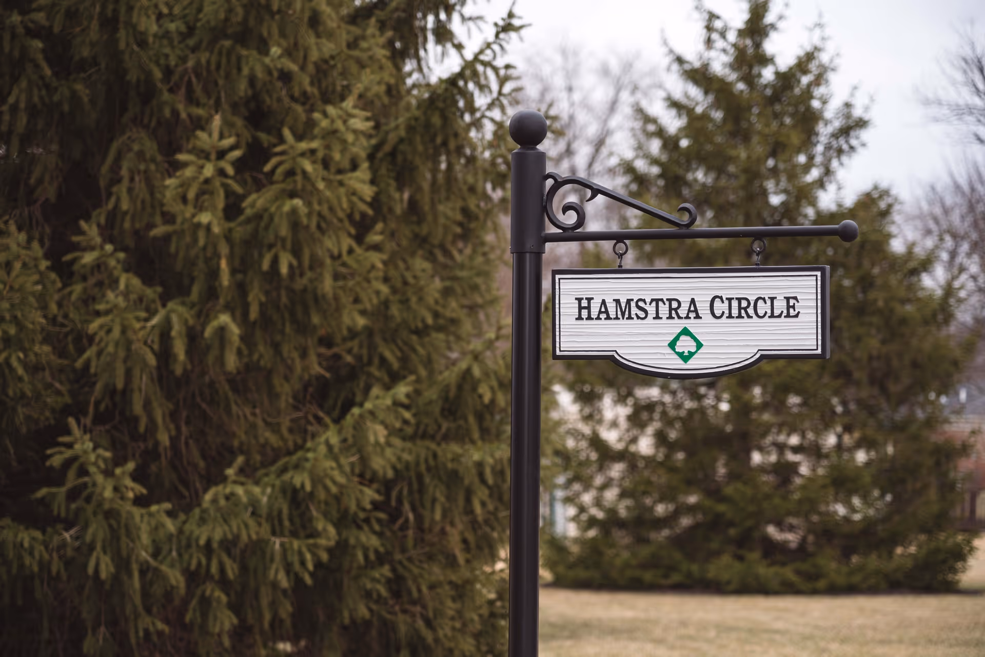 A decorative street sign reading "HAMSTRA CIRCLE" hanging from a black post with evergreen trees in the background.