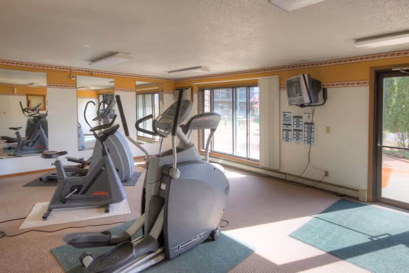 A small exercise room with two pieces of cardio equipment, including an elliptical machine and a stationary bike, positioned on mats. The room has large windows and a glass door letting in natural light, with a wall-mounted TV and mirrors on one wall.