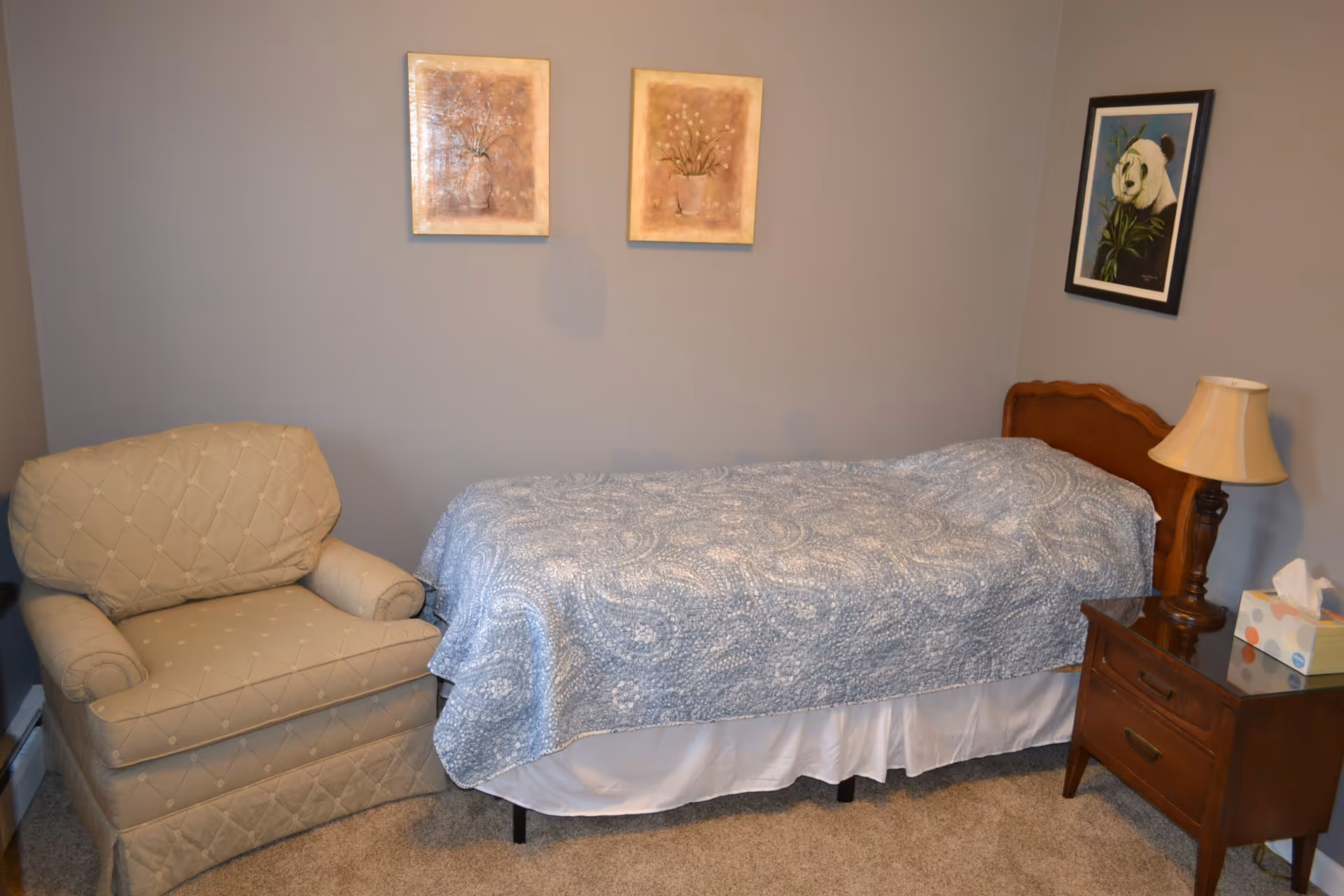 A small bedroom with a single bed covered with a blue and white patterned quilt. Next to the bed is a wooden nightstand with two drawers, a lamp, and a box of tissues. To the left of the bed is a beige upholstered armchair. The walls are painted gray and decorated with three framed pictures, two above the bed and one to the right featuring a panda.