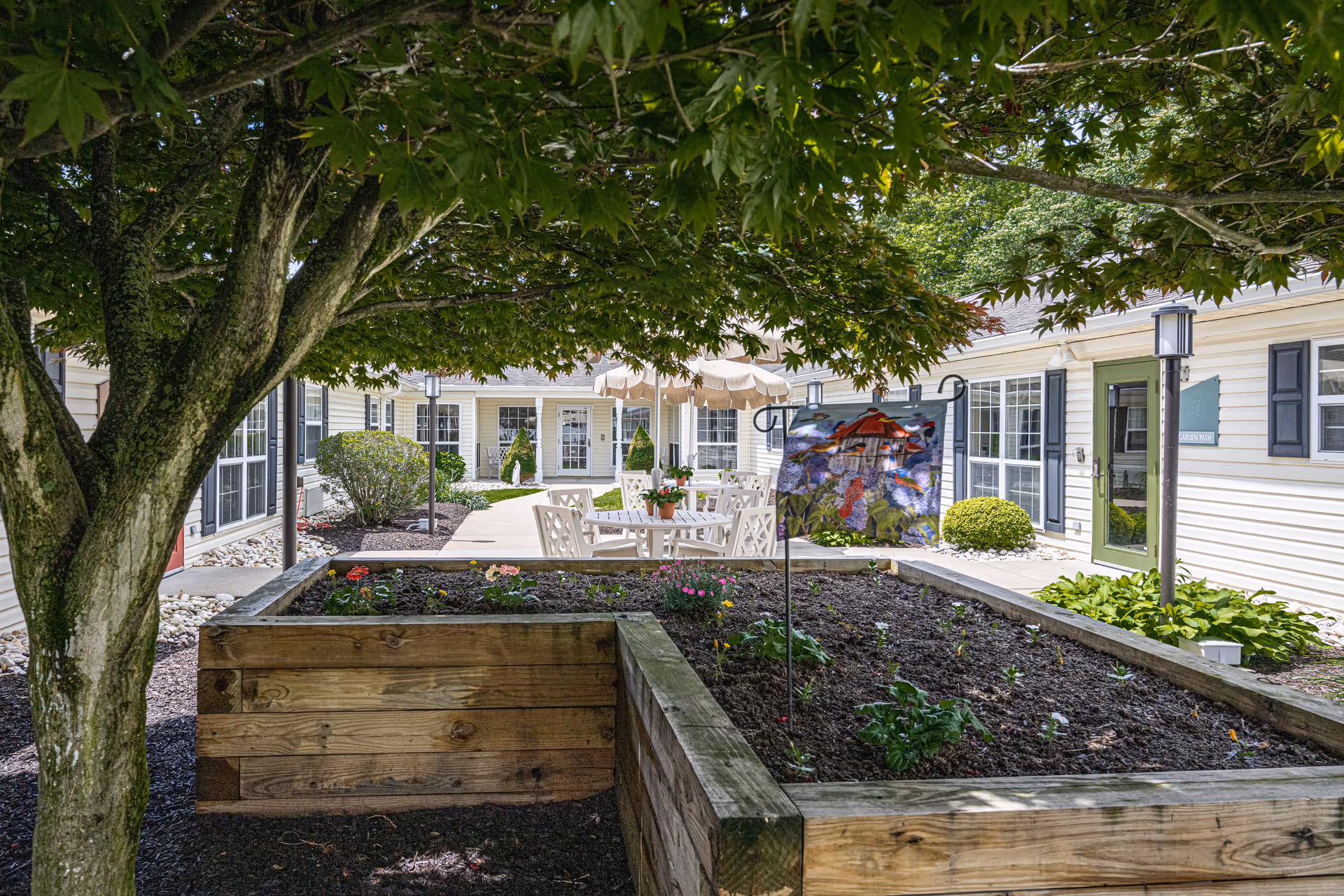 Outdoor courtyard area with raised wooden garden beds containing soil and some small plants. A large tree provides shade over the garden beds. In the background, there are white patio tables and chairs with umbrellas, surrounded by a beige building with multiple windows and doors. The area is well-maintained with landscaping and bushes.