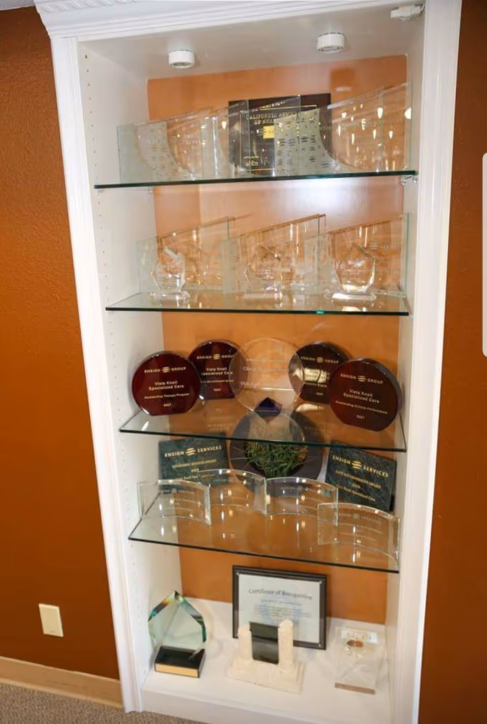 A white display cabinet with glass shelves containing multiple awards and plaques, including several clear and dark-colored trophies and a framed certificate at the bottom. The background wall inside the cabinet is orange.