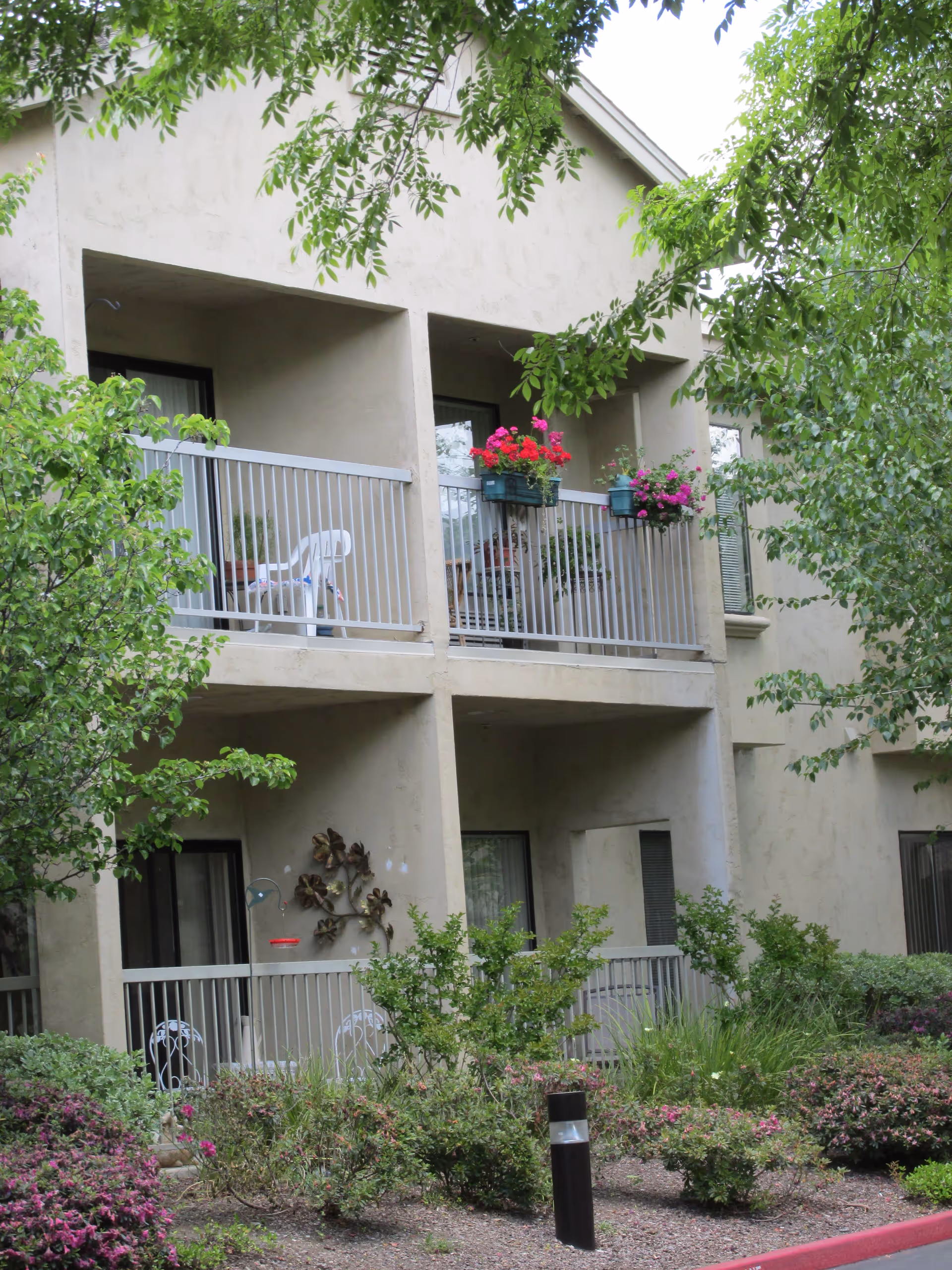 Exterior view of a building with balconies adorned with colorful flower pots and greenery surrounding the area.