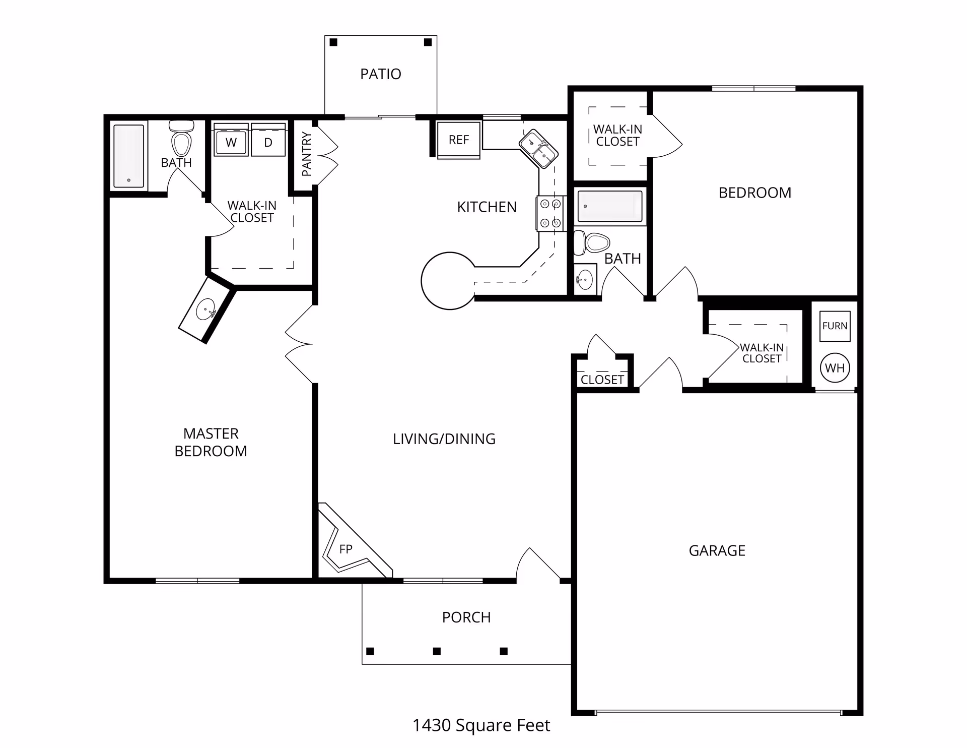 Floor plan of a residential unit at Ascension Living Via Christi Village showing a layout with a master bedroom with walk-in closet and bath, a second bedroom with walk-in closet and bath, a kitchen with pantry and refrigerator, a living/dining area with fireplace, a porch, a patio, and a garage with furnace and water heater.