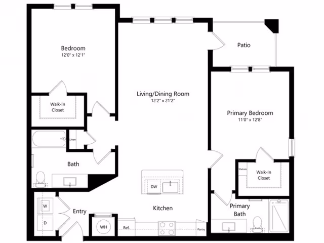Floor plan of a residential unit at Overture Hamlin showing two bedrooms, two bathrooms, a kitchen with an island, a living/dining room, an entry area, a patio, and walk-in closets in both bedrooms.