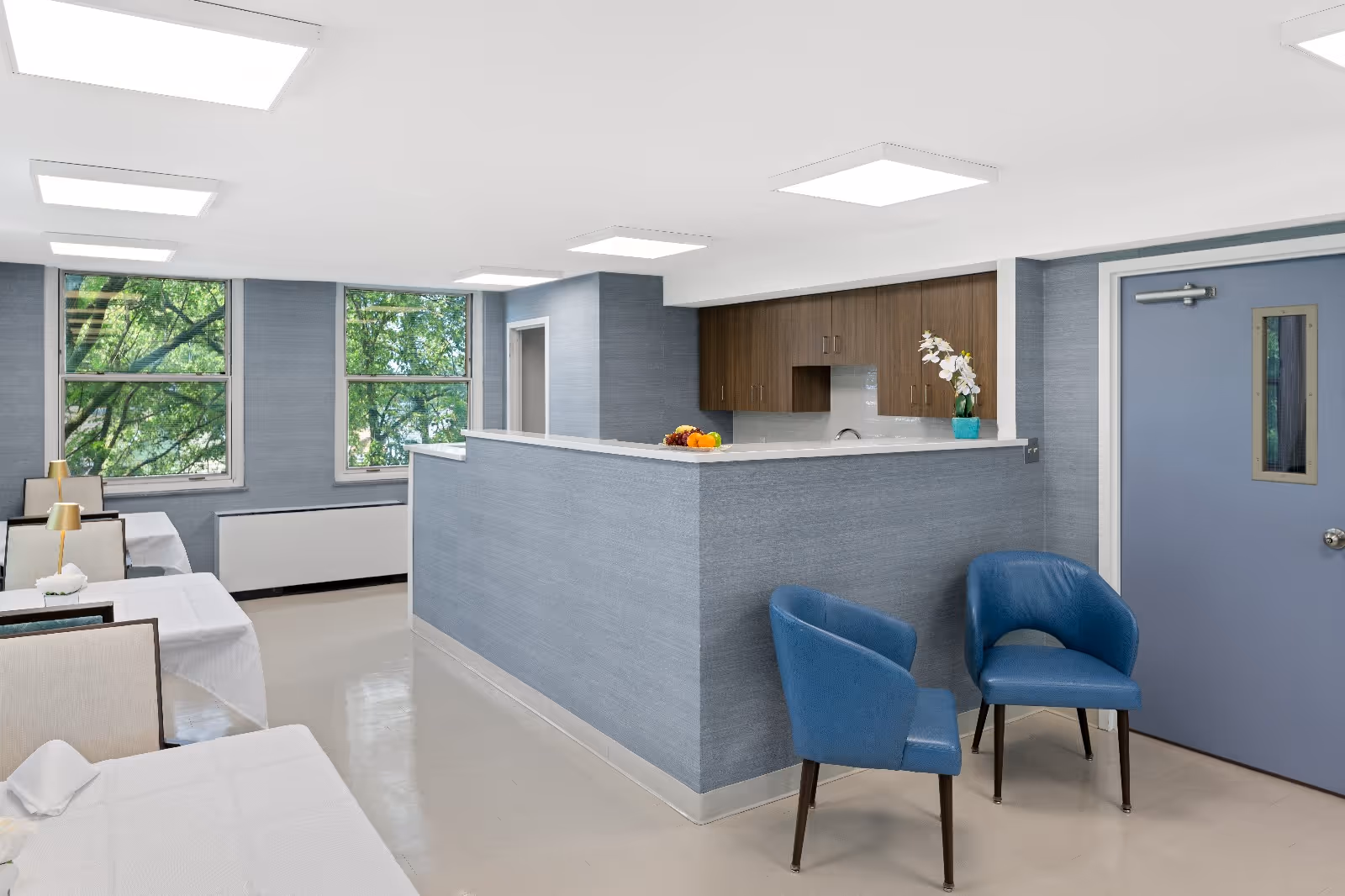 A clean and bright interior room with blue walls and large windows showing green trees outside. The room features a reception or nurse station with a countertop, wooden cabinets, and a vase with white flowers. There are two blue chairs near a blue door with a small window. On the left side, there are several beds with white linens and bedside tables with lamps.