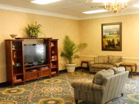 Senior living lounge with TV cabinet, sofa seating, plants, and framed art.