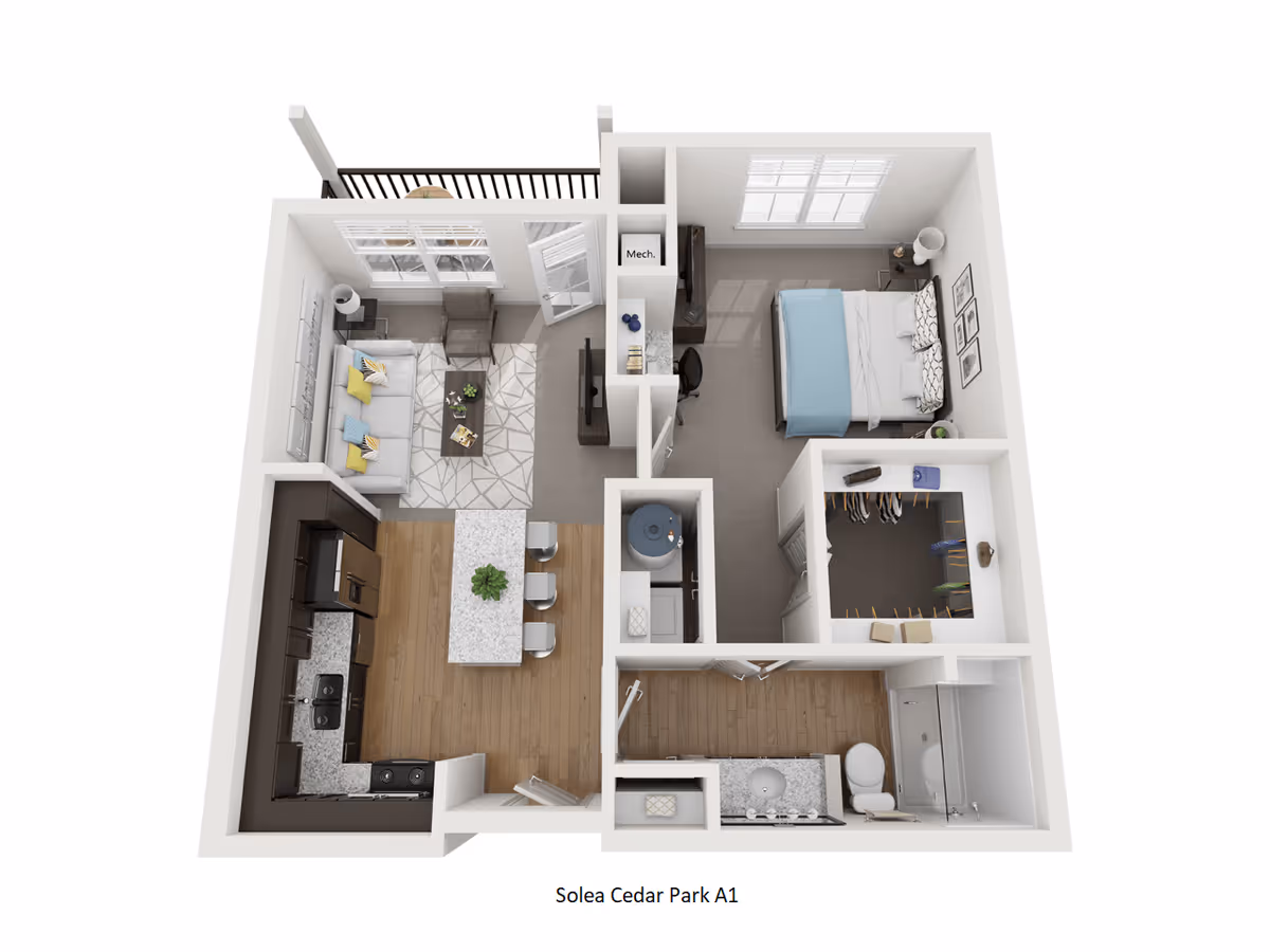 3D floor plan of a one-bedroom apartment featuring a kitchen with an island and stools, a living room with a sofa and chair, a bedroom with a bed and nightstands, a walk-in closet, a bathroom with a shower, and a small balcony.