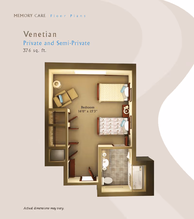 Floor plan of the Venetian private and semi-private memory care unit at Rio Terra Senior Living, showing a 376 sq. ft. layout with a bedroom area containing two beds, a chair, and closets, and an attached bathroom with a toilet, sink, and shower.