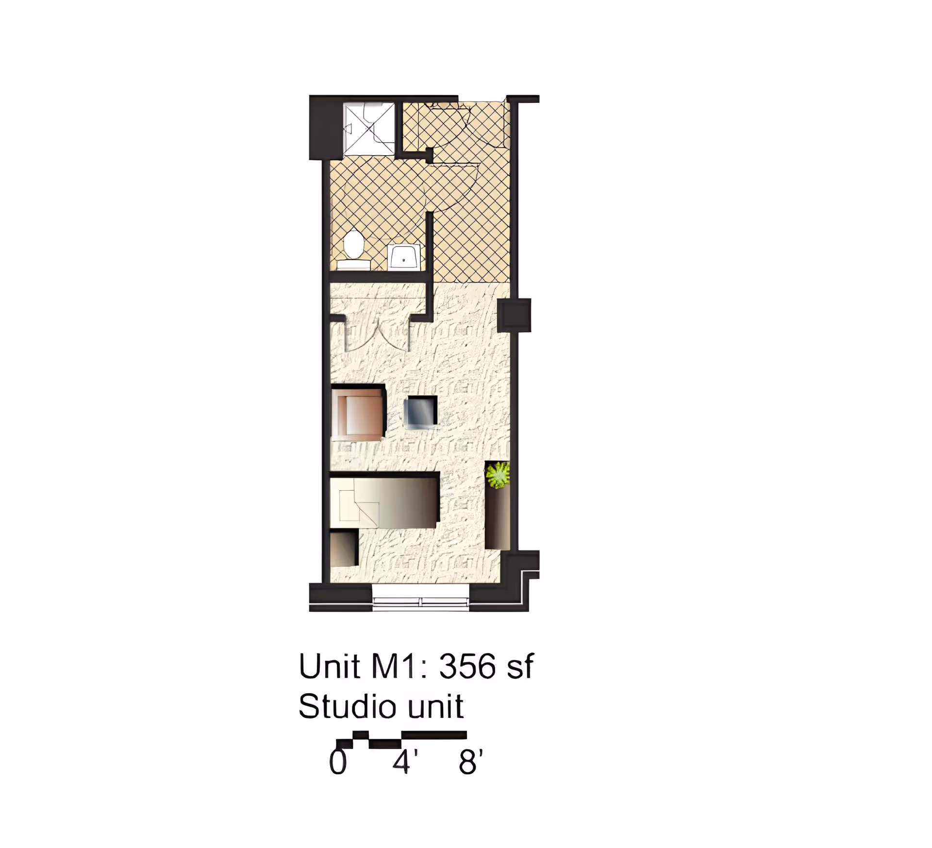 Floor plan of a studio unit labeled Unit M1 with 356 square feet. The layout includes a bathroom with a toilet, sink, and shower, a main living and sleeping area with furniture, and a small kitchen area. A scale is shown below the plan indicating 0 to 8 feet.