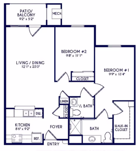 Architectural floor plan of a two-bedroom apartment at Grandhaven Manor II, showing a patio/balcony, living/dining area, kitchen, foyer, one full bathroom, one half bathroom, linen closet, and walk-in closet in bedroom 1.