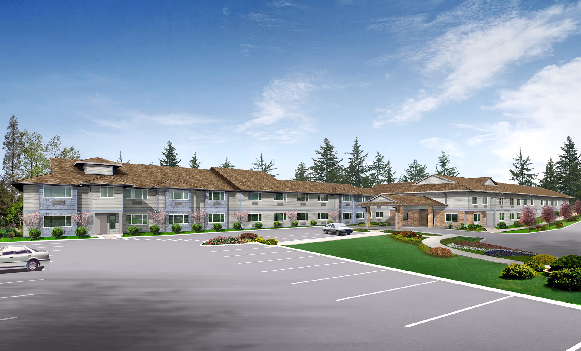 Exterior view of Chehalis West Assisted Living facility showing a two-story building with beige siding and brown shingled roof, surrounded by landscaped greenery and trees under a blue sky. There is a large parking lot in front with a few parked cars.