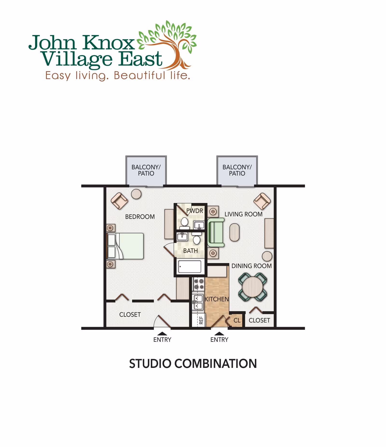 Floor plan of a studio combination apartment at John Knox Village East, showing a bedroom with closet, bathroom, powder room, kitchen, dining room with table and chairs, living room with sofa and chair, and two balconies/patios.