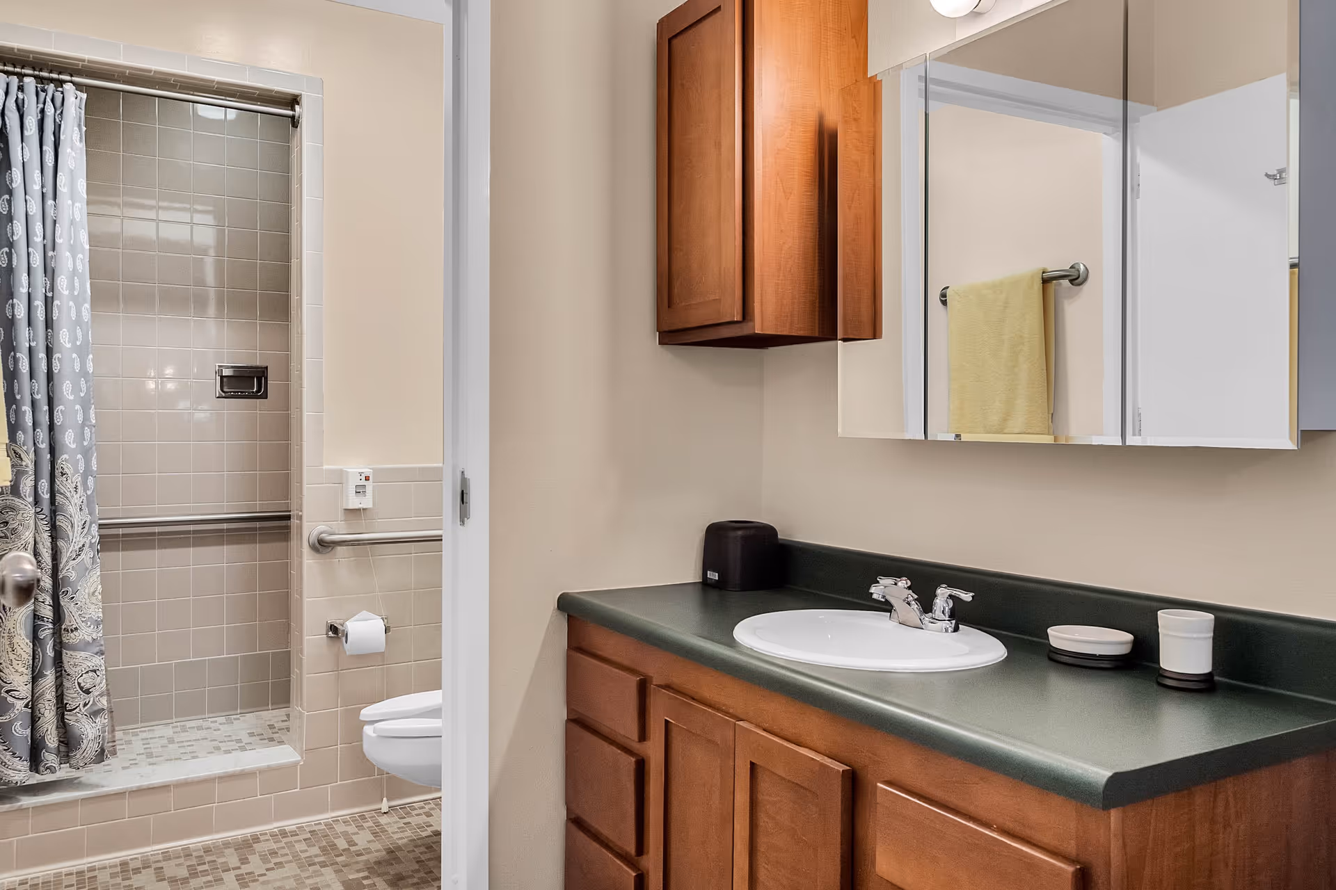 Bathroom with a shower area featuring a patterned shower curtain, beige tiled walls, and a grab bar. A toilet with a grab bar beside it is visible. The bathroom vanity has a green countertop with a white sink, wooden cabinets below and above, and a large mirror with a yellow towel hanging on a bar reflected in it.
