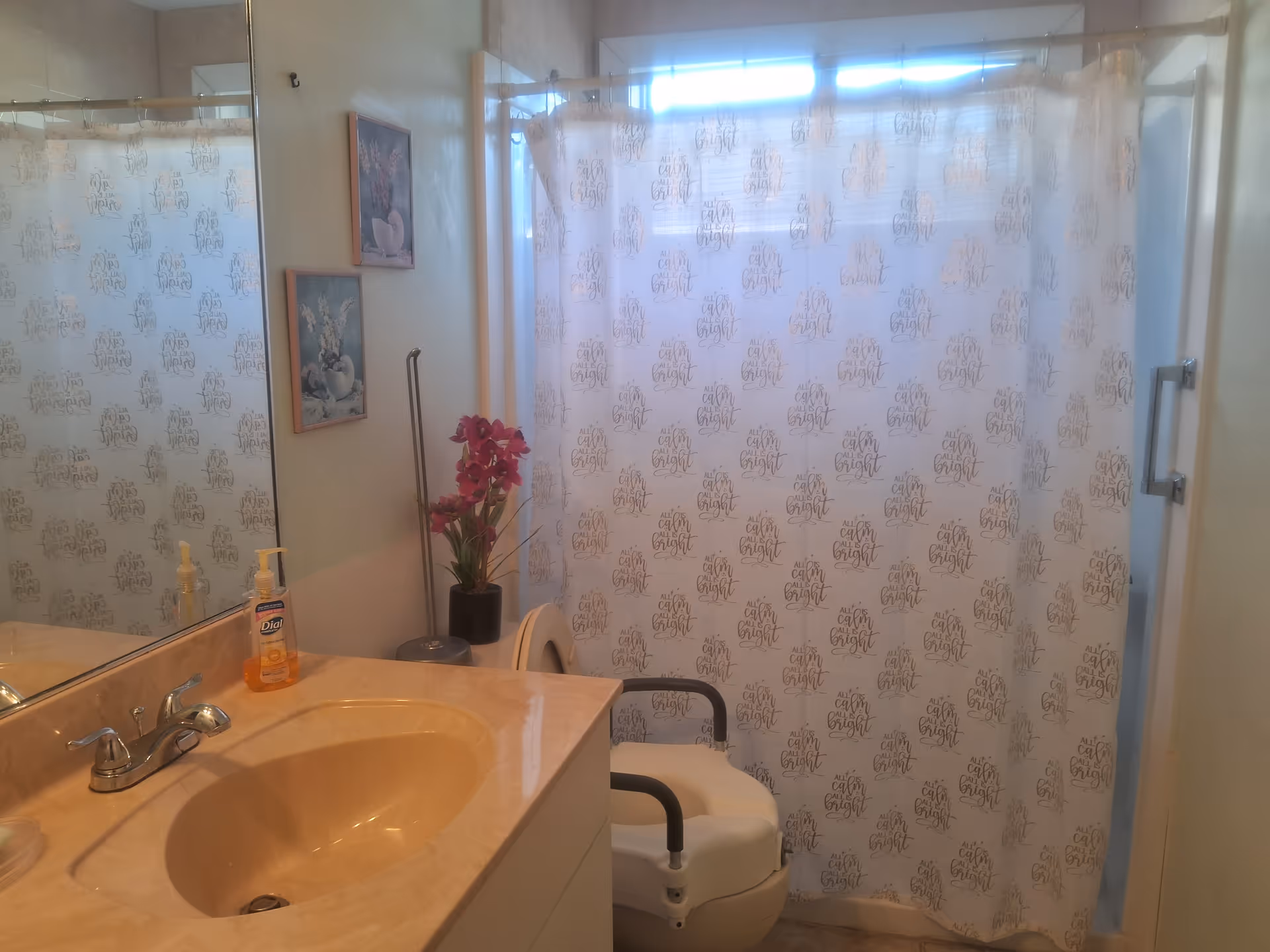 Bathroom with a beige sink countertop, a large mirror, a bottle of Dial hand soap, a shower with a white curtain that has text patterns, a white shower chair with black armrests, two framed pictures on the wall, and a vase with pink flowers.