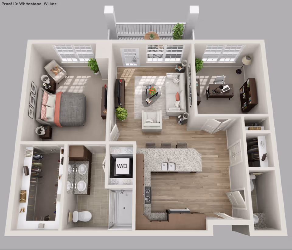 3D floor plan of a one-bedroom apartment showing a bedroom, bathroom, kitchen with island, living room, office and balcony.