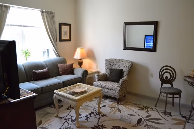 A cozy living room with a gray sofa adorned with two brown pillows, a patterned armchair with a dark cushion, a wooden coffee table with a decorative tray, a table lamp on a side table, a framed picture on the wall, a mirror reflecting a TV screen, and a patterned area rug covering the floor.