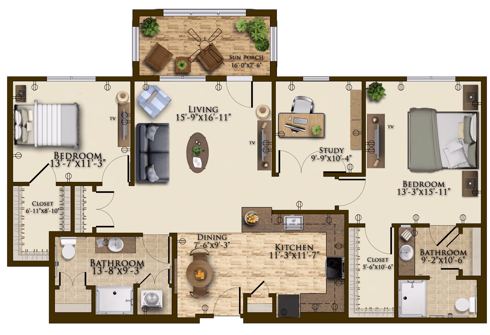 Floor plan of a residential unit at Harmony At Mt. Juliet showing two bedrooms, two bathrooms, a living room, a dining area, a kitchen, a study, two closets, and a sun porch. The layout includes furniture such as beds, sofas, chairs, tables, and TVs, with dimensions labeled for each room.