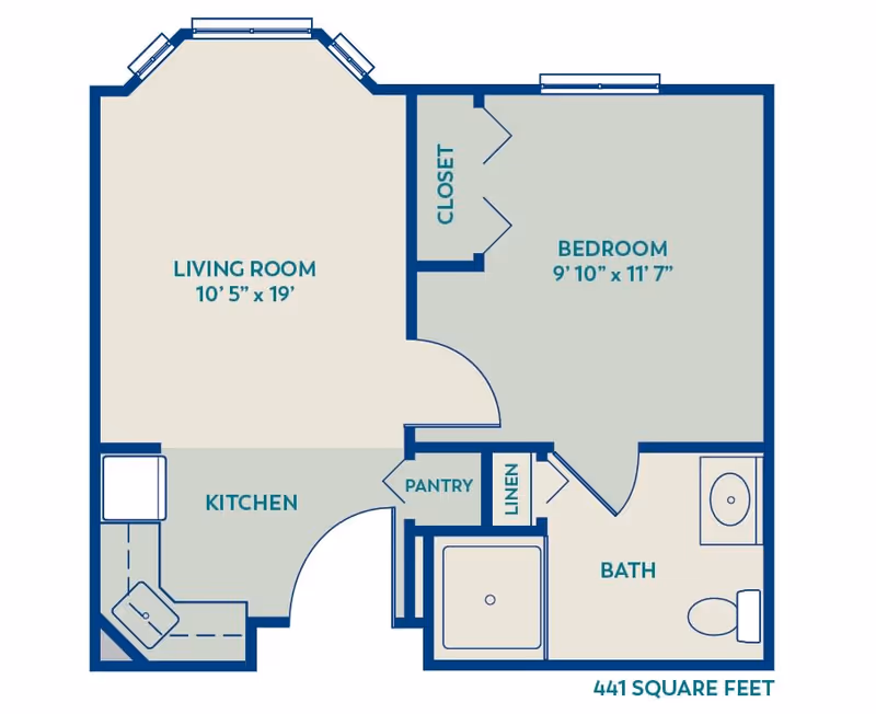 Floor plan of a 441 square feet apartment at Buckner Parkway Place showing a living room, kitchen, bedroom with closet, bathroom with bathtub and toilet, pantry, and linen closet.