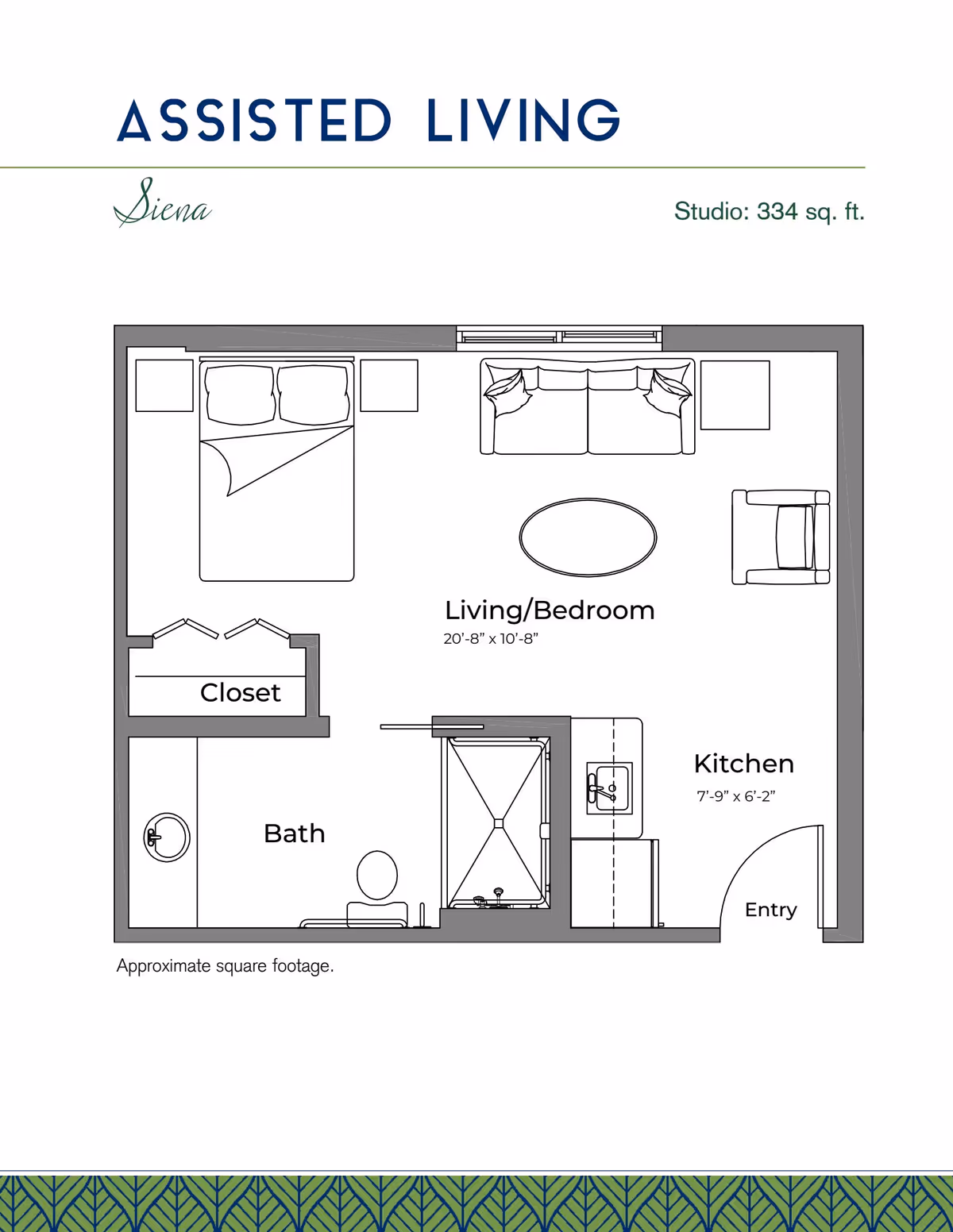 Floor plan of a studio assisted living unit named Siena, with a total area of 334 square feet. The layout includes a combined living and bedroom area with a bed, sofa, chair, and coffee table, a kitchen area with a sink and refrigerator near the entry, a bathroom with a toilet, sink, and shower, and a closet adjacent to the bathroom.