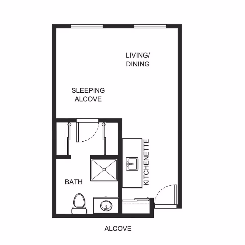 Architectural floor plan of a small living space at Holiday Edgewood Downs, showing a living/dining area, sleeping alcove, kitchenette, and bathroom with a toilet, sink, and shower.