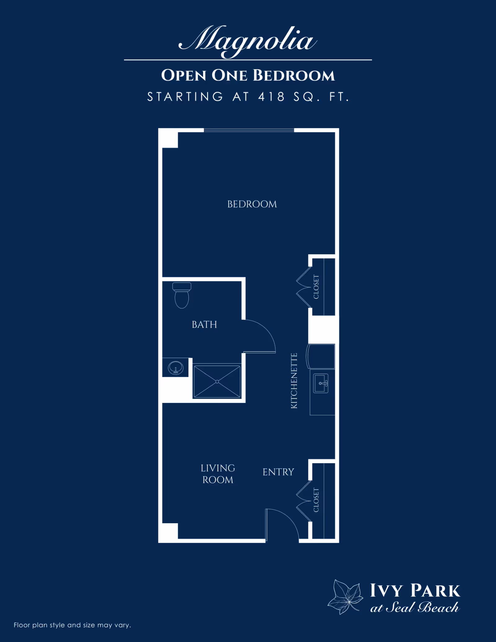 Floor plan of Magnolia open one bedroom apartment at Ivy Park at Seal Beach, starting at 418 square feet. The layout includes a bedroom, bath, kitchenette, living room, entry, and two closets.