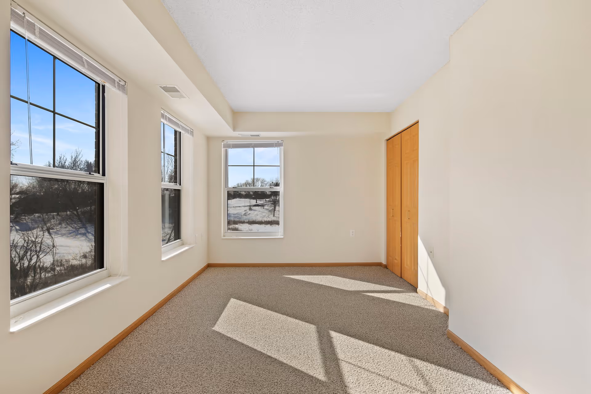 Empty sunlit room with three windows, carpeted floor, and a wooden closet door.